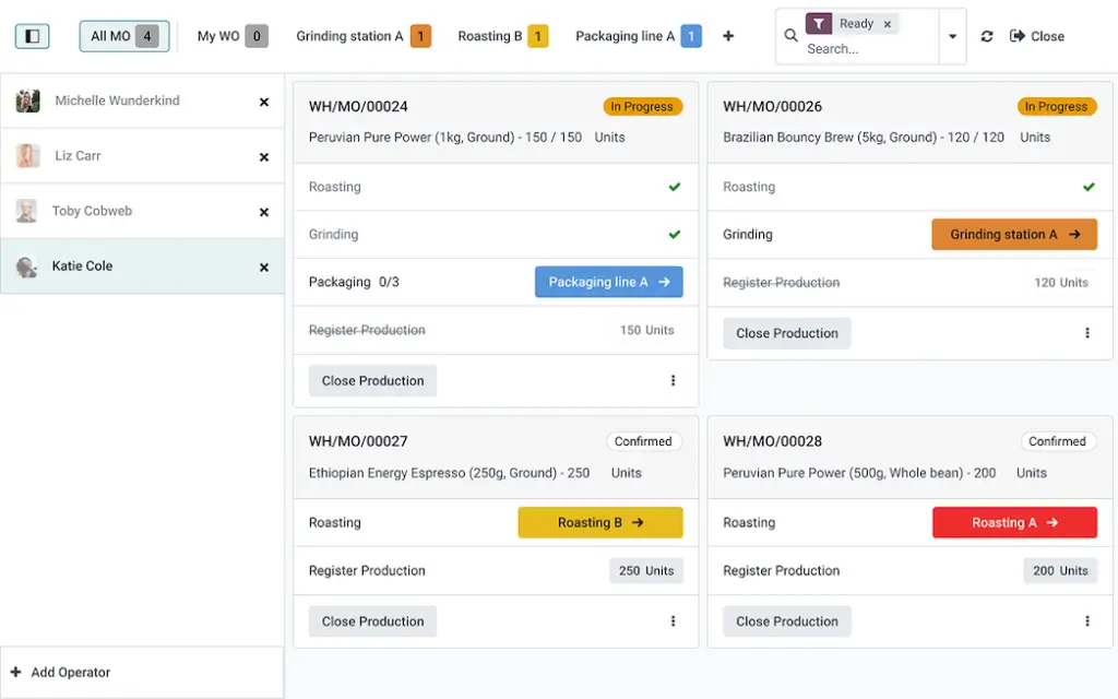 Odoo Manufacturing shop floor view showing work orders, operators, production status, and workstations