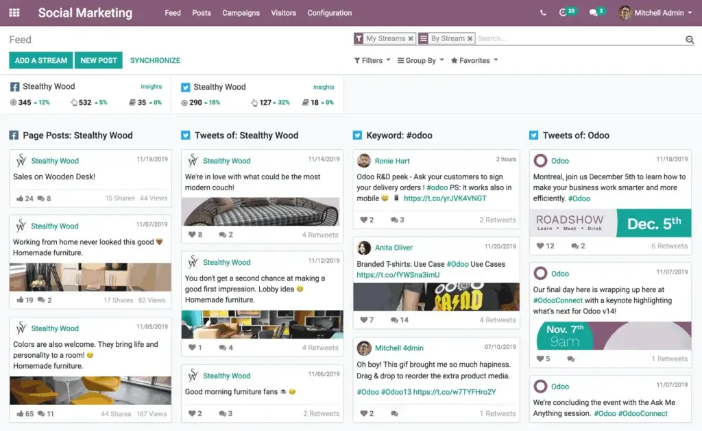 Odoo Social Marketing dashboard showing social streams posts and engagement metrics