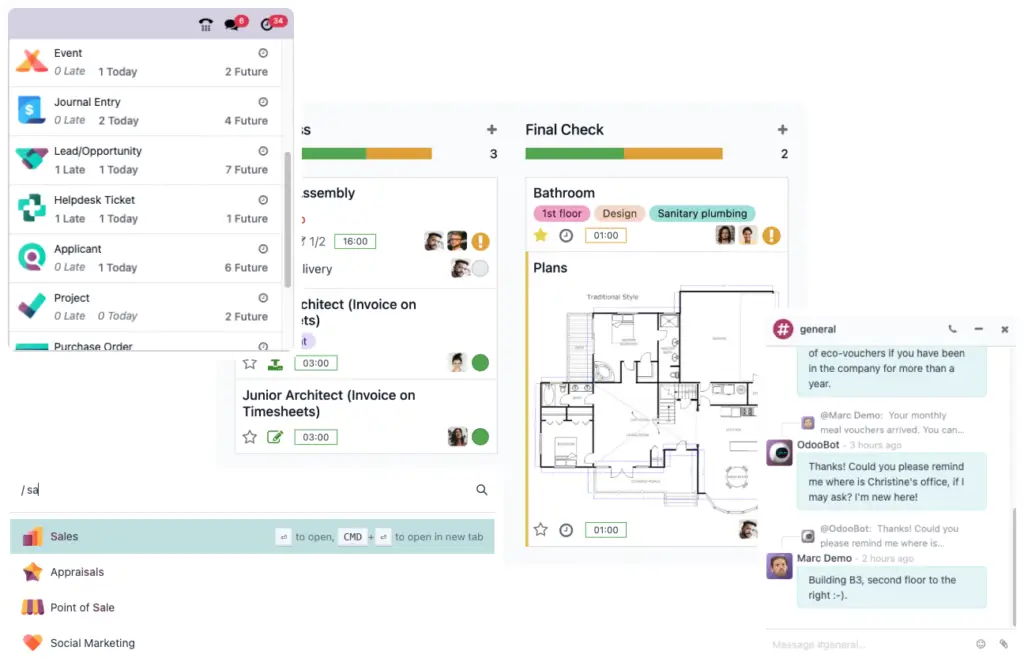 Odoo workspace showing app navigation, project tasks, planning board, timesheets, and team chat