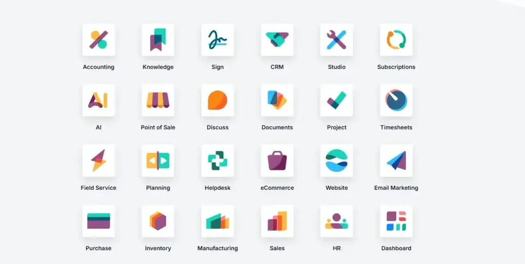 Odoo apps dashboard showing Accounting, CRM, Studio, Subscriptions, Point of Sale, Documents, Project, Inventory, Manufacturing, Sales, HR, and Dashboard