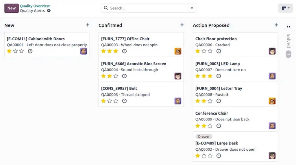 Odoo Quality overview showing quality alerts organized by workflow stage