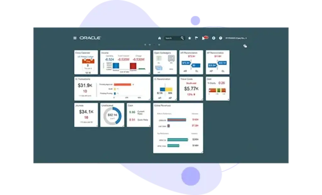Oracle Fusion Cloud ERP financial dashboard showing revenue, expenses, journals, cash, and open balances