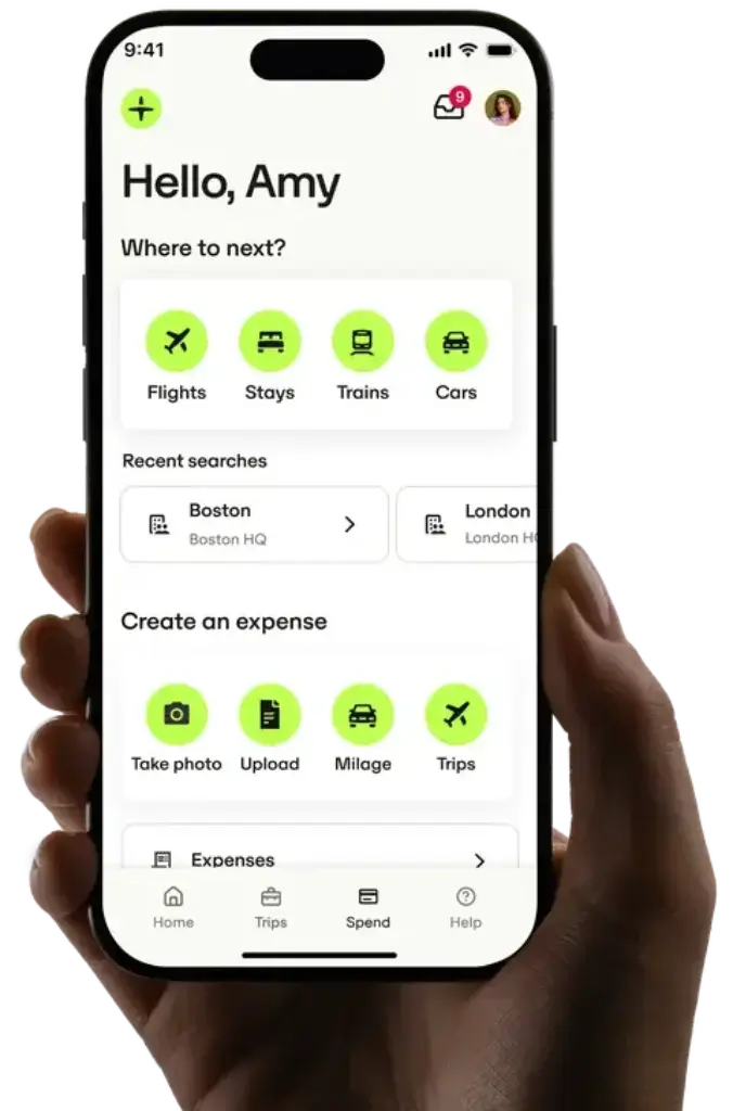 Perk app home screen for trips and expenses