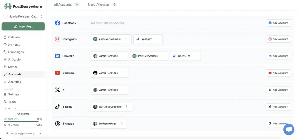 PostEverywhere accounts dashboard showing connected Instagram LinkedIn YouTube X TikTok and Threads profiles