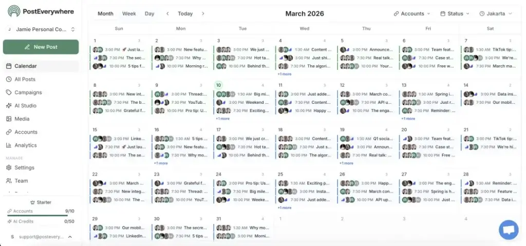 PostEverywhere content calendar showing scheduled social media posts across March