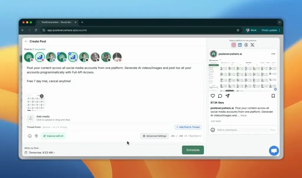 PostEverywhere create post screen with social media preview and scheduling options