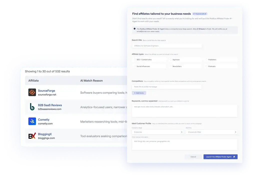 Reditus AI affiliate finder showing ICP, competitor, keyword, and affiliate type filters