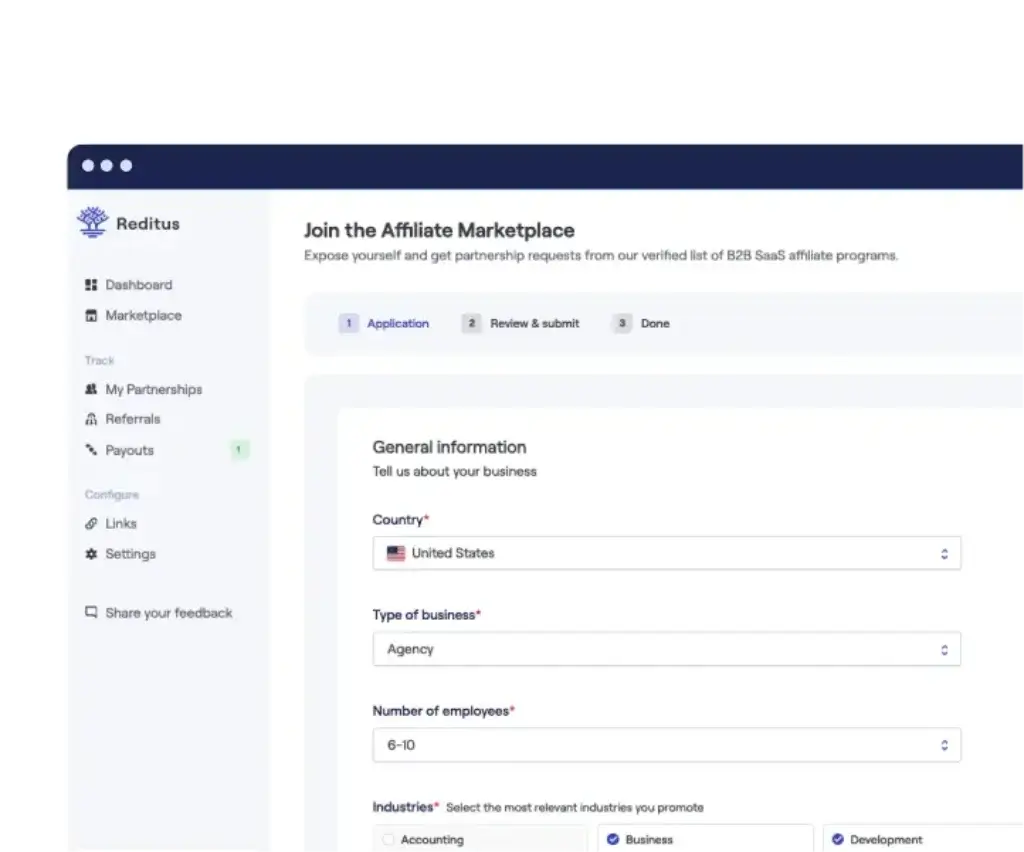 Reditus affiliate marketplace application form for B2B SaaS affiliates