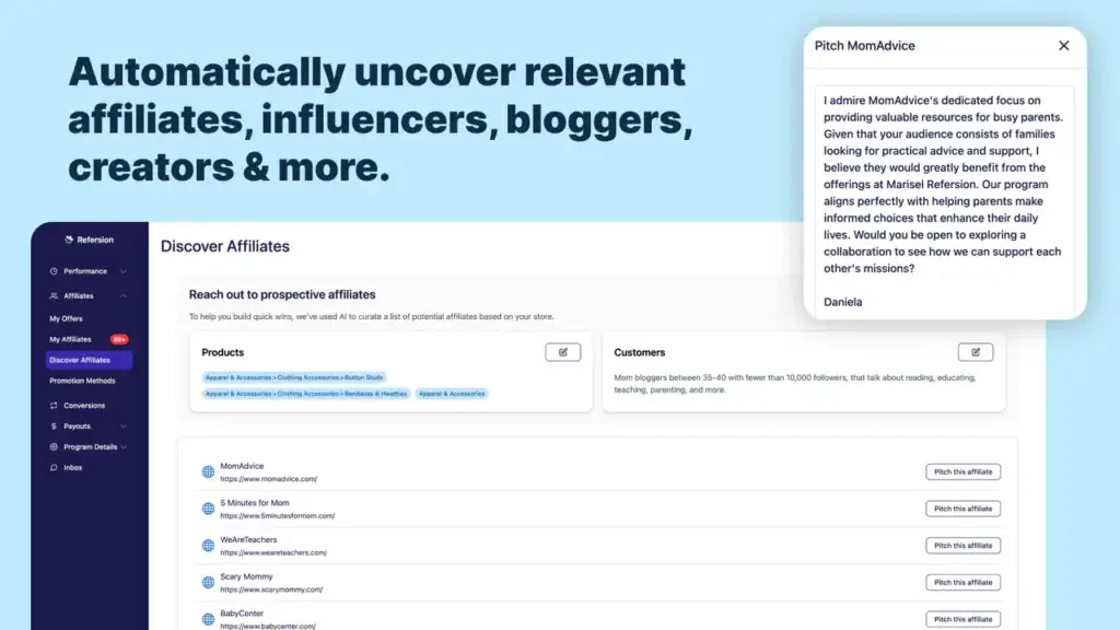 Refersion affiliate discovery dashboard showing AI-assisted affiliate suggestions, product categories, customer targeting, and outreach pitch message.