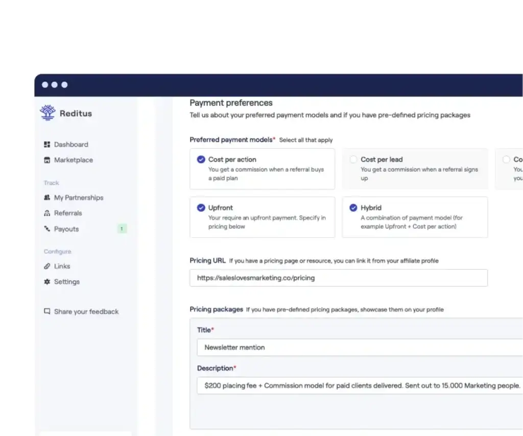 Reditus payment preferences screen showing affiliate pricing packages and commission models