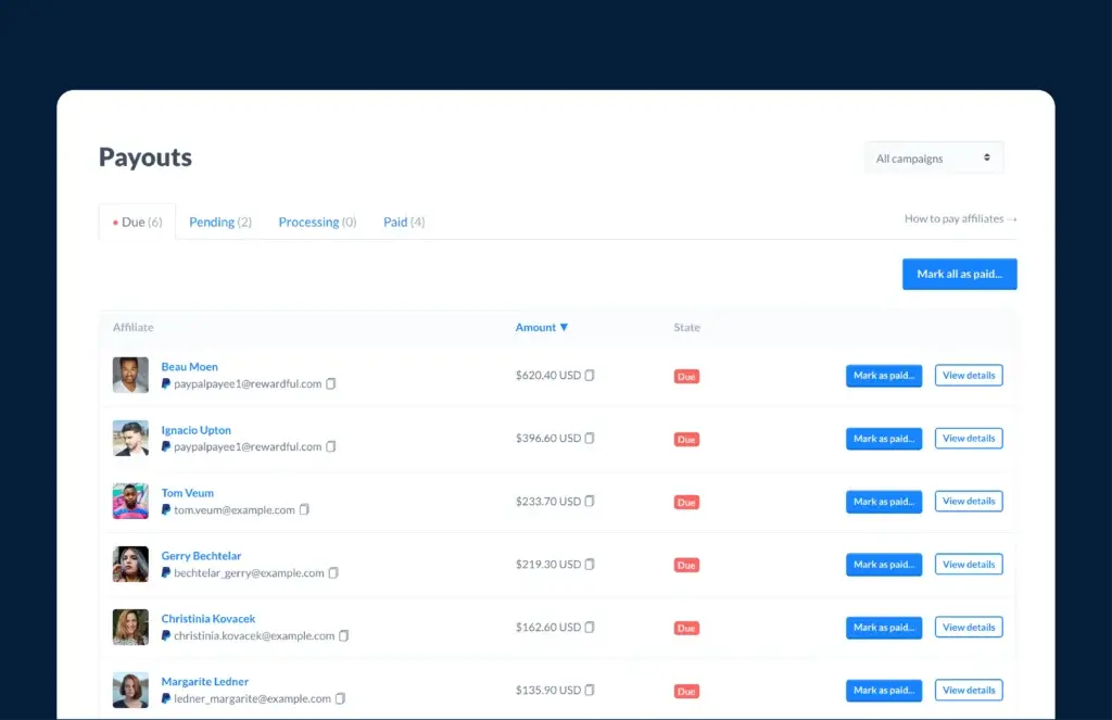 Rewardful payout management screen showing due, pending, processing, and paid affiliate commissions