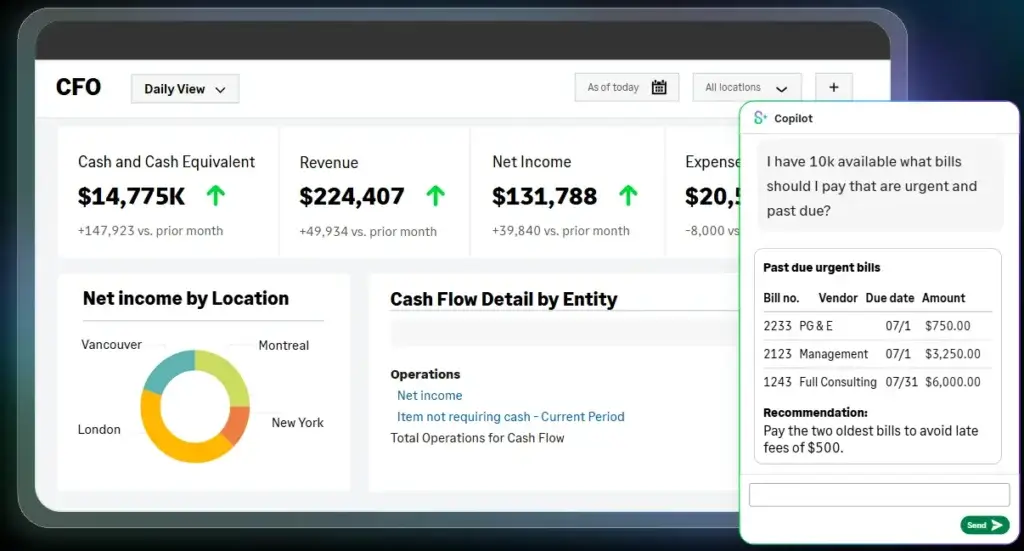 Sage Intacct CFO dashboard with Copilot showing urgent past due bills