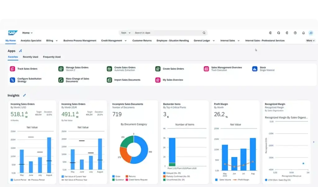 SAP S/4HANA Cloud Public Edition home page with sales insights and business apps