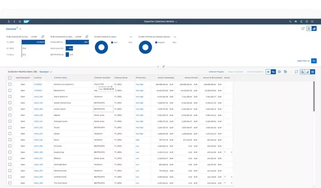 SAP S/4HANA receivables management worklist with overdue customer balances