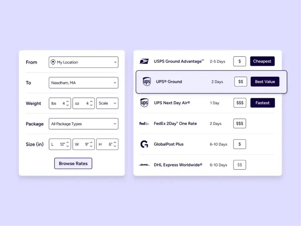 ShipStation rate comparison screen showing carrier services and delivery speeds