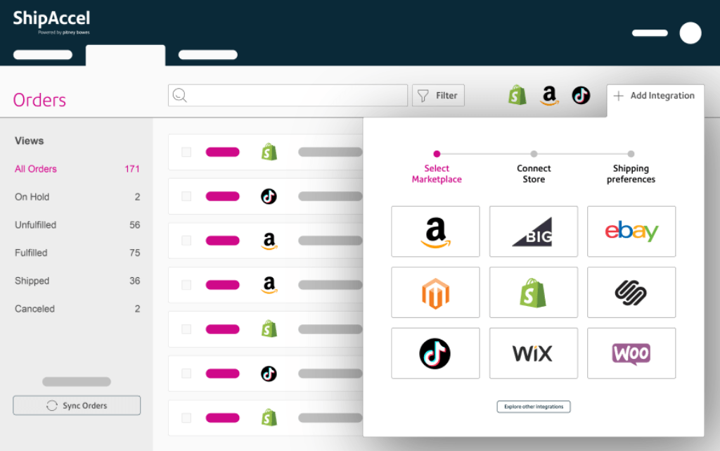 ShipAccel integration screen for connecting ecommerce marketplaces and online stores