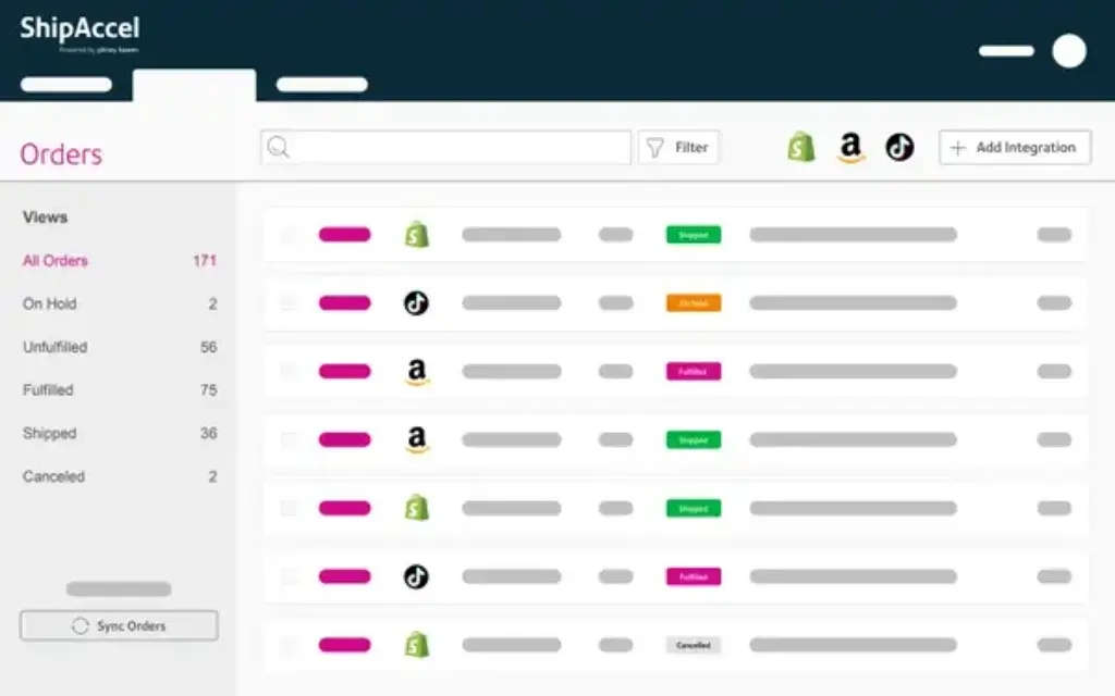 ShipAccel order management dashboard with ecommerce orders and fulfillment status