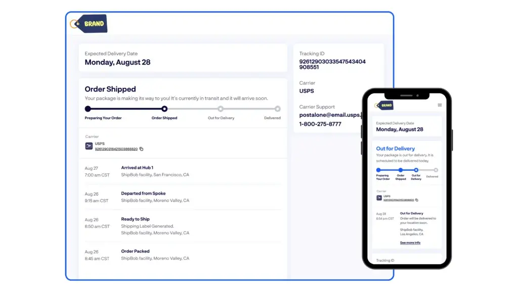 ShipBob branded tracking page displayed on desktop and mobile with order status and delivery timeline
