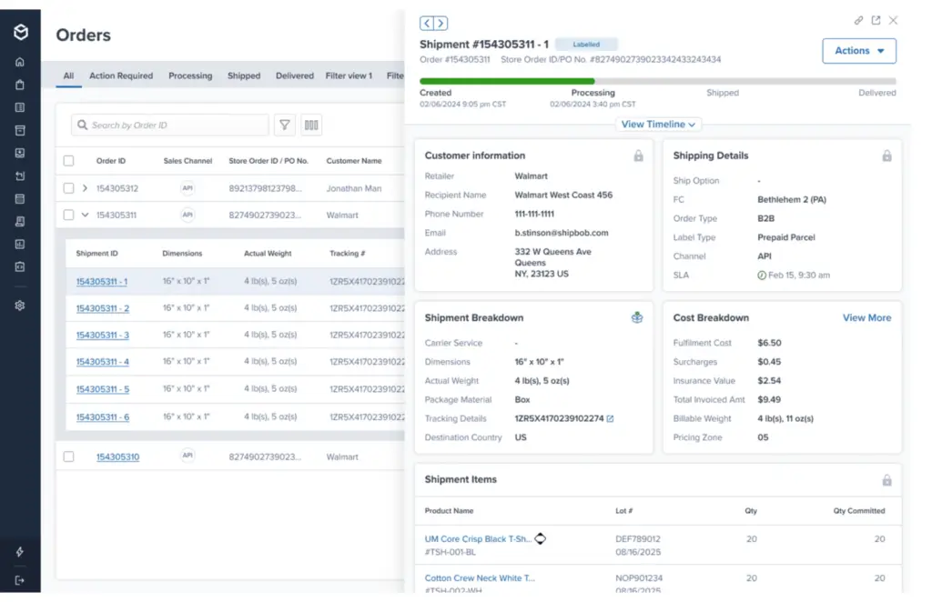 ShipBob orders dashboard showing shipment status, customer details, shipping breakdown, and fulfillment costs