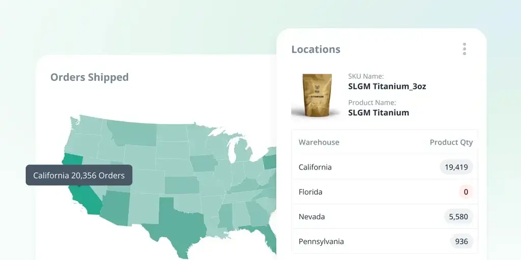 ShipMonk order fulfillment map showing shipped orders and inventory distribution by warehouse location