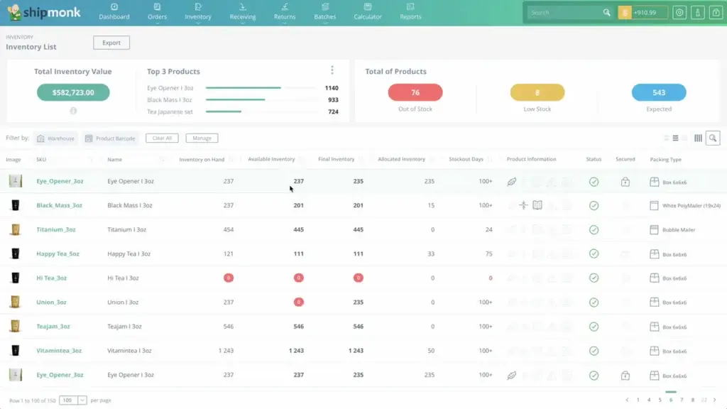 ShipMonk inventory dashboard showing stock levels, low stock alerts, and product availability