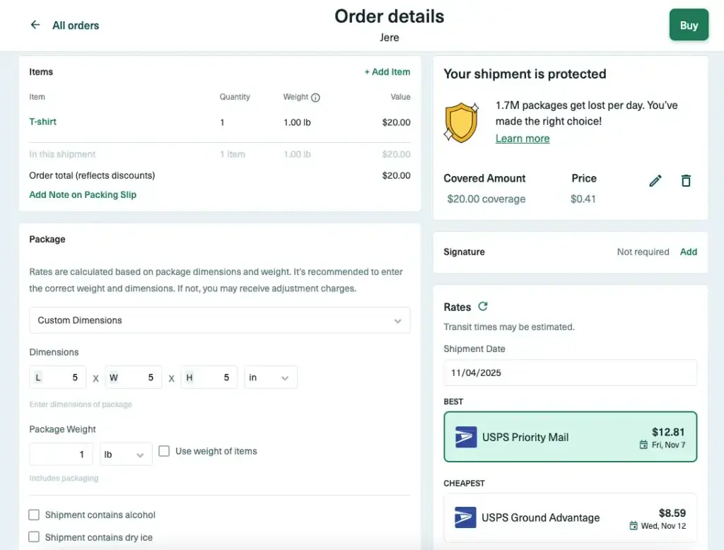 Shippo order details screen showing package dimensions, shipping insurance, and USPS rate options