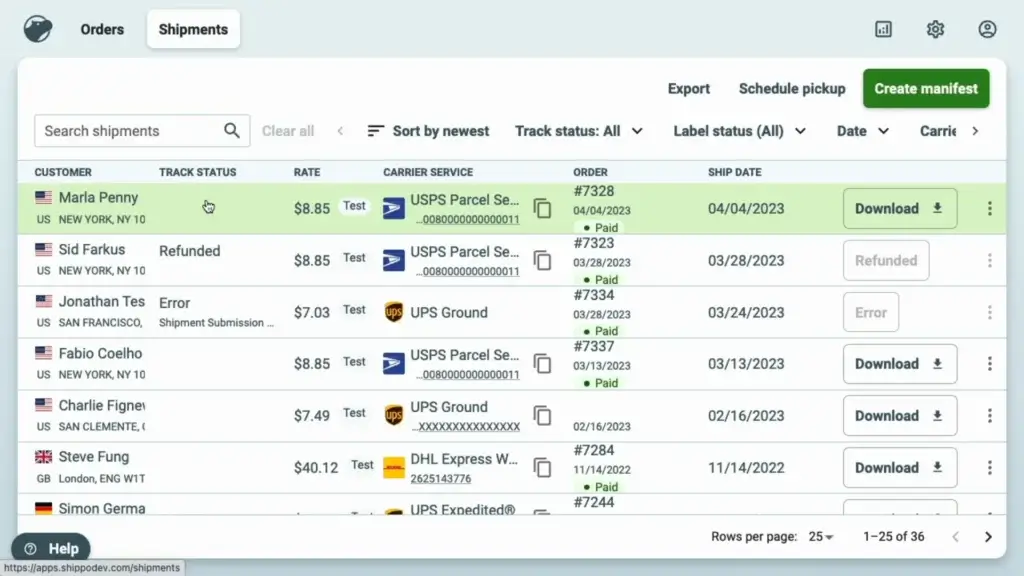 Shippo shipments dashboard showing tracking status, carrier services, rates, and label downloads