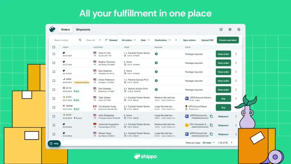 Shippo dashboard showing orders, shipments, carrier rates, and label creation tools