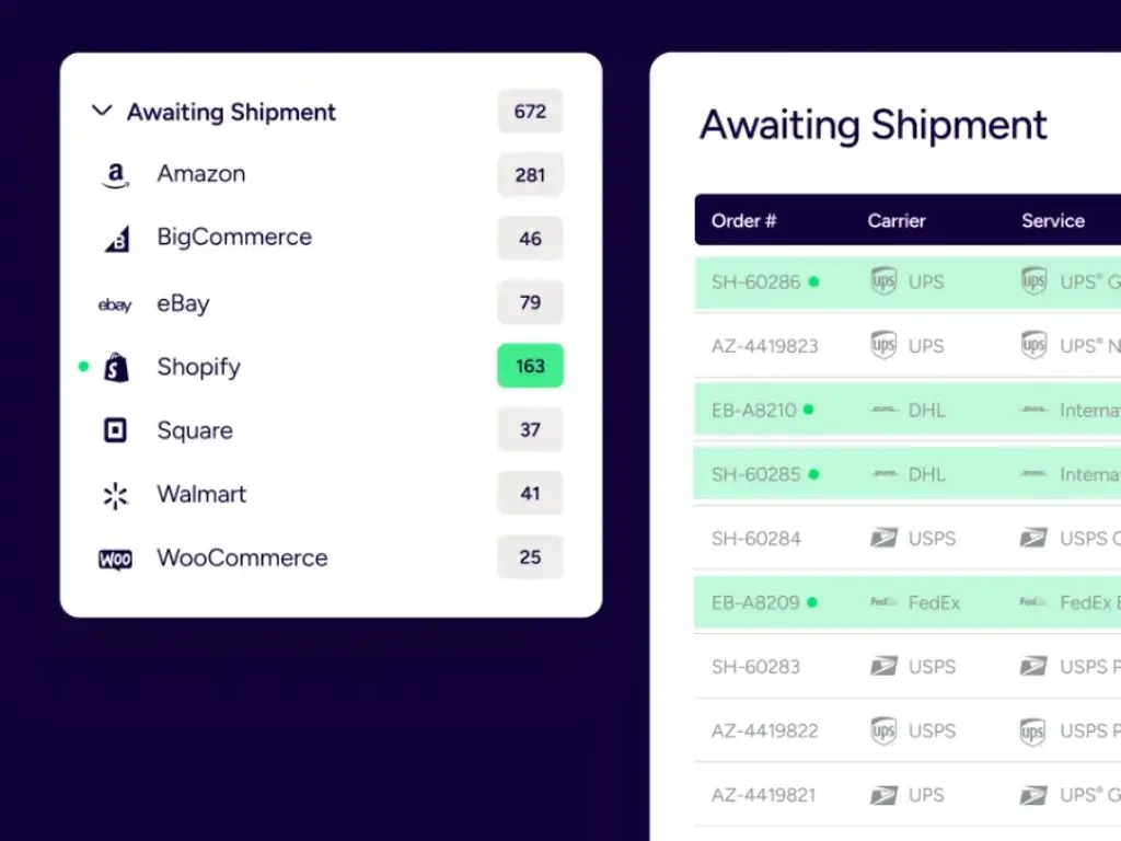 ShipStation order management screen with Amazon, Shopify, eBay, Walmart, and WooCommerce channels