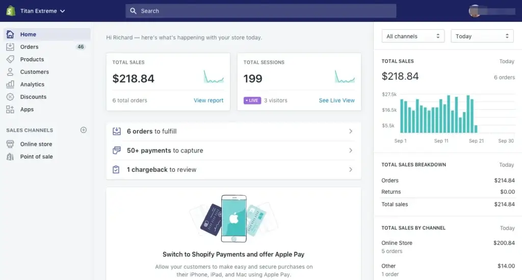 Shopify admin home dashboard showing orders, products, customers, analytics, discounts, apps, and sales channels