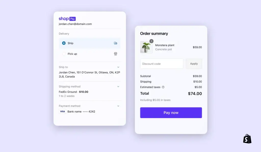 Shopify checkout screen with Shop Pay delivery options, payment method, order summary, and pay now button