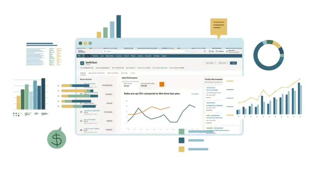 NetSuite ERP dashboard illustration showing sales, finance, inventory, and analytics charts