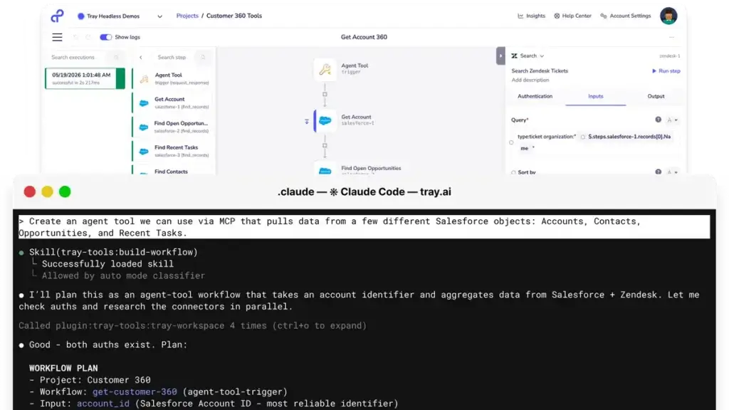 Tray.ai AI development screen showing a workflow built with Claude Code, Salesforce, and Zendesk data