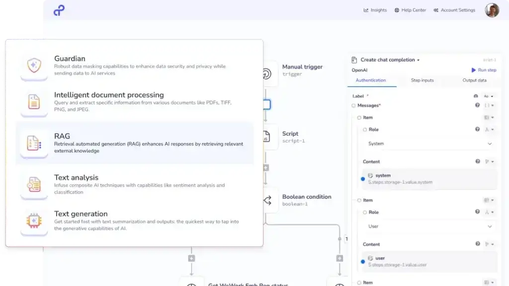 Tray.ai intelligent iPaaS interface showing AI Palette options for RAG, document processing, and text analysis