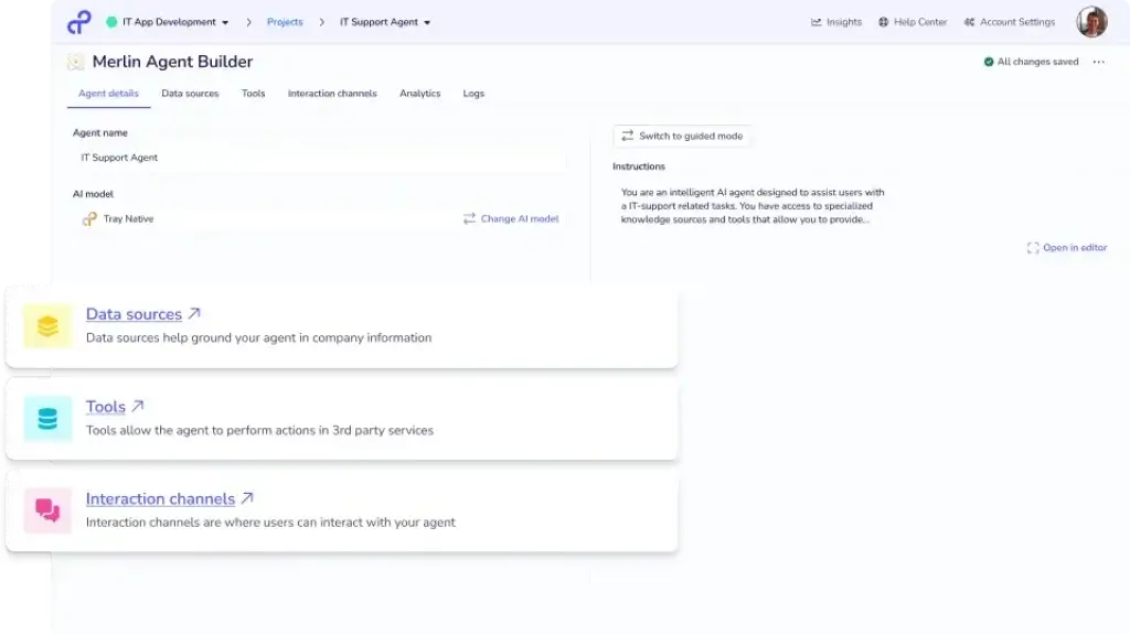 Tray.ai Merlin Agent Builder interface showing data sources, tools, interaction channels, analytics, and logs
