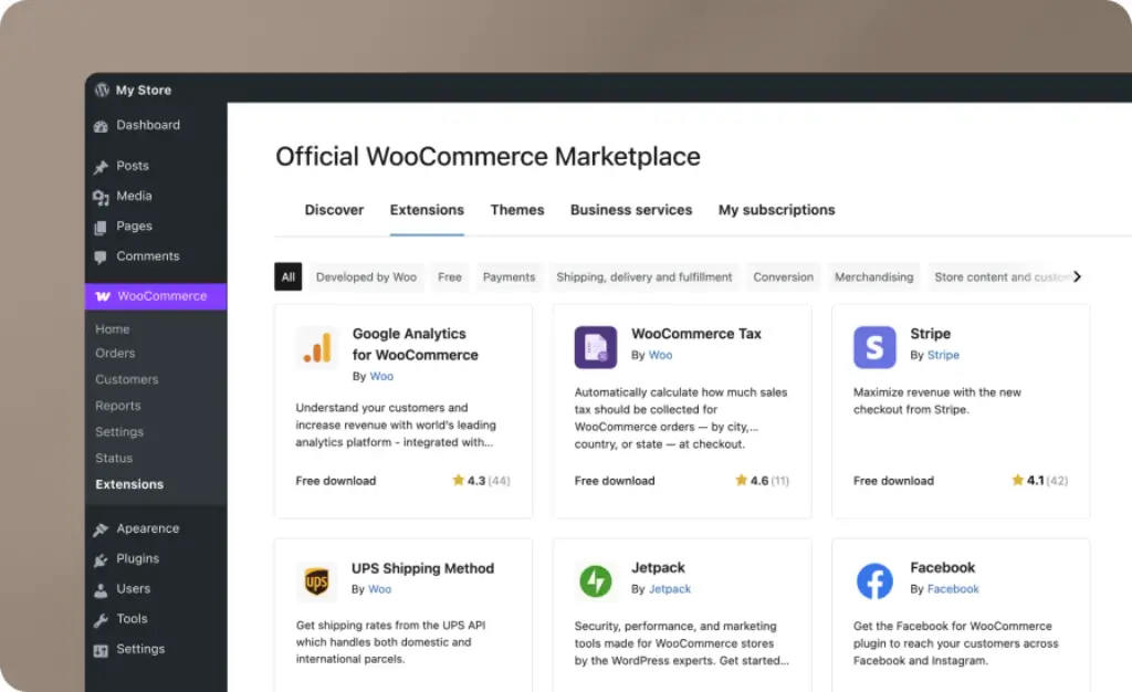Official WooCommerce Marketplace showing extensions for analytics, tax, payments, shipping, and marketing