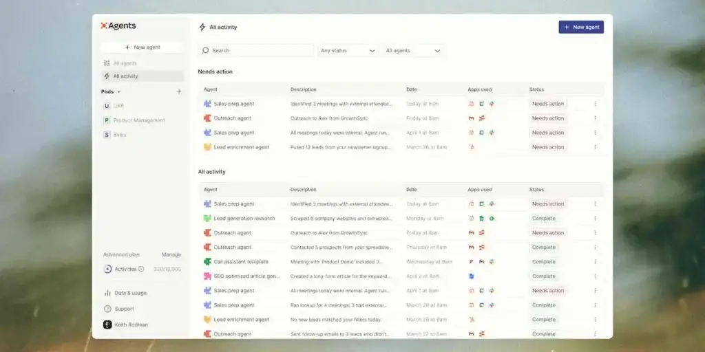 Zapier Agents dashboard showing AI agent activity and task status