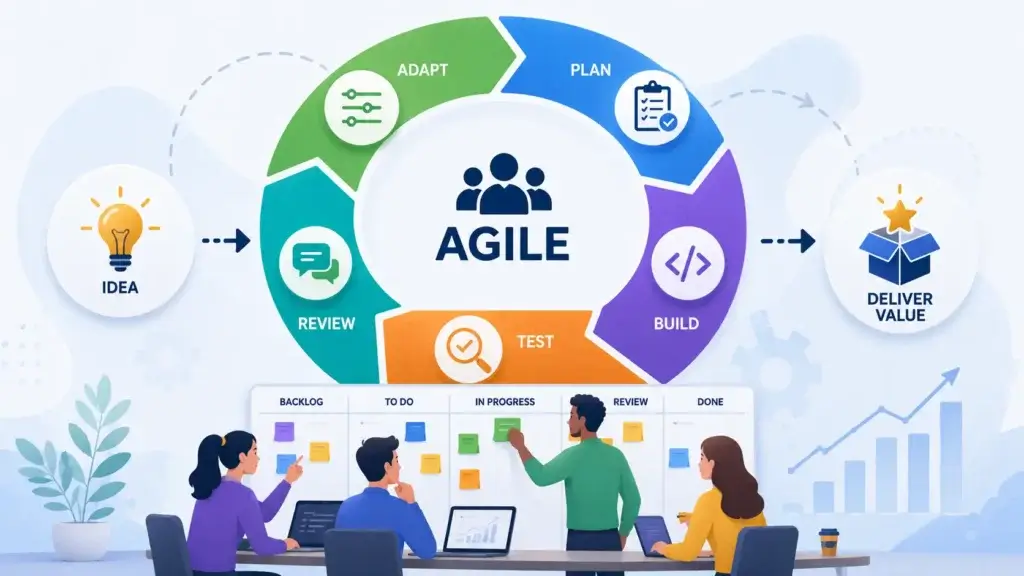Agile workflow cycle showing idea, plan, build, test, review, adapt, and deliver value