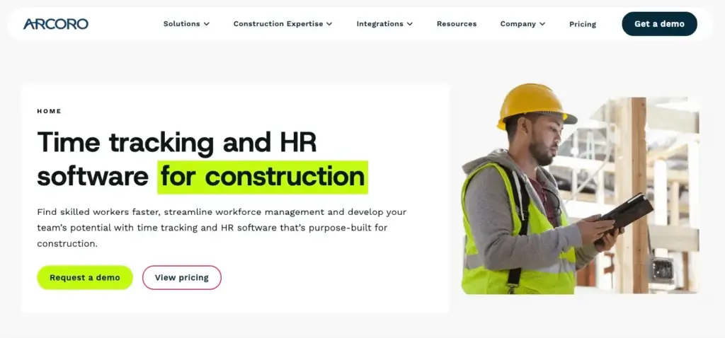 Arcoro homepage presenting time tracking and HR software for construction companies