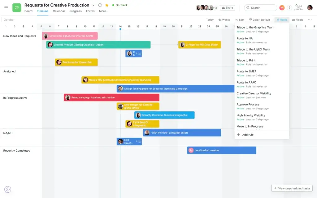 Asana Timeline with automated workflow rules for creative production requests