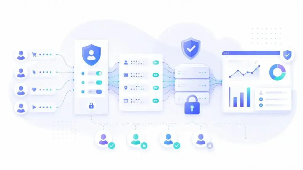 Privacy-focused analytics architecture with consent, masking, secure storage, and access controls