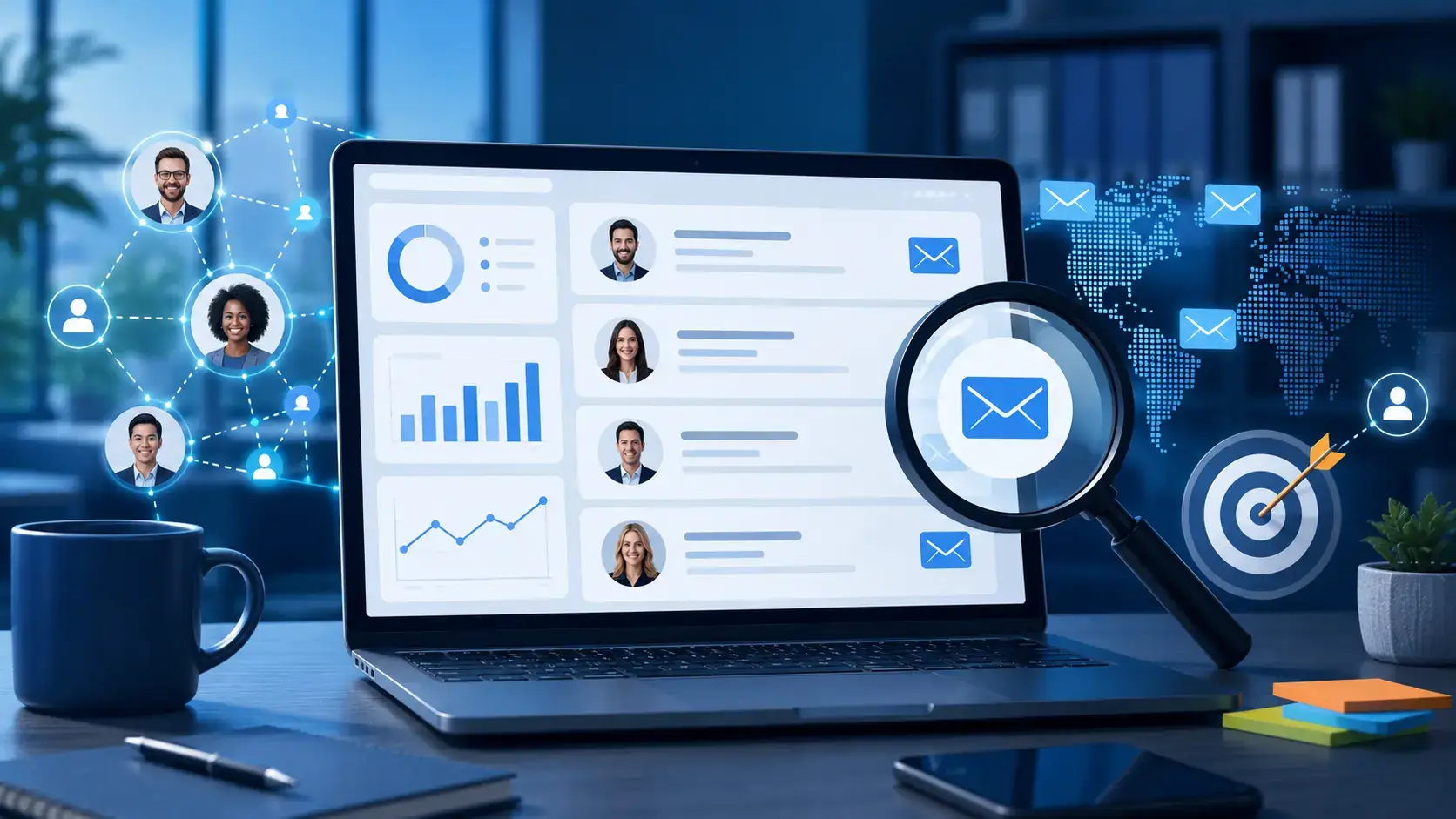 Email finder software dashboard showing professional contacts, email search, lead targeting, and prospecting analytics