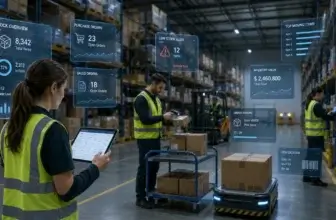 Smart warehouse workflow with inventory management and tracking, barcode scanning, stock alerts, and digital order management