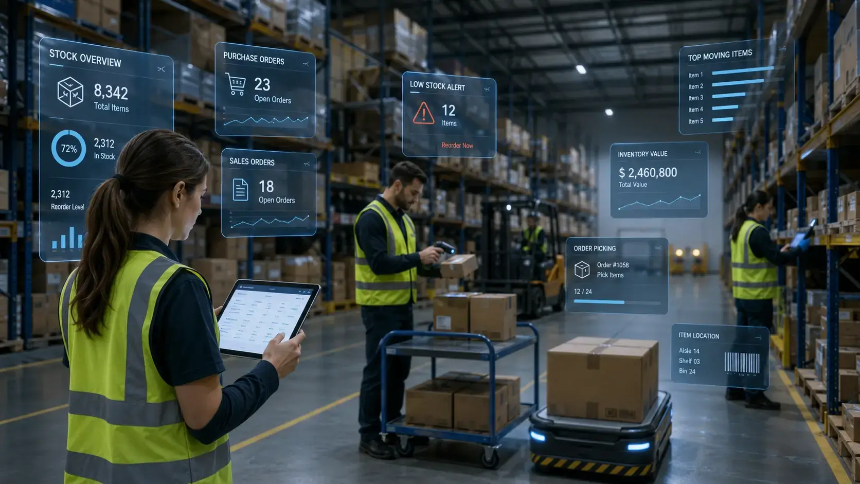 Smart warehouse workflow with inventory management and tracking, barcode scanning, stock alerts, and digital order management