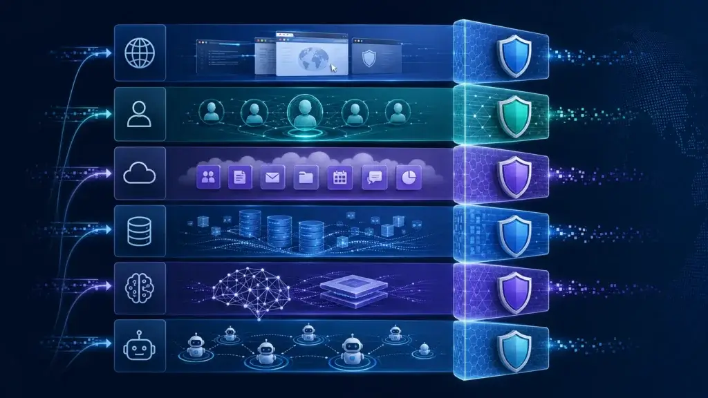 Security layers covering browsers, identities, SaaS applications, data, AI models, and agents