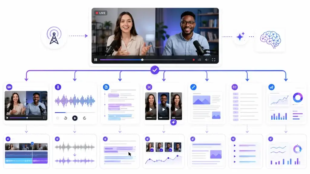Live stream converted into video clips, audio, transcripts, articles, and analytics
