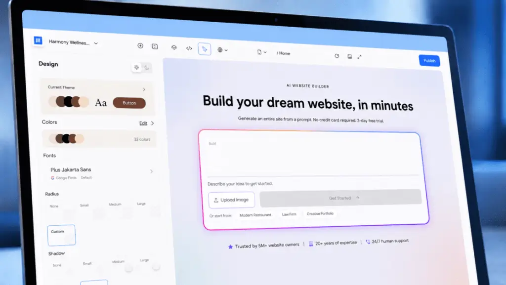 Bluehost AI Website Builder interface with prompt box and website design customization controls