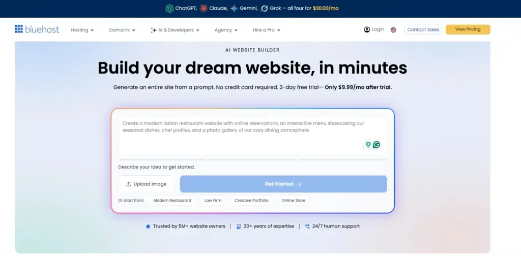 Bluehost AI Website Builder homepage with prompt field and website category suggestions