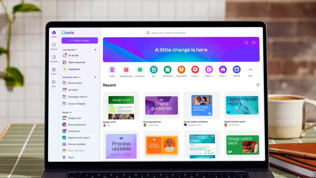 Canva dashboard on a laptop showing design templates, recent projects, brand assets, social posts, presentations, and content creation shortcuts.