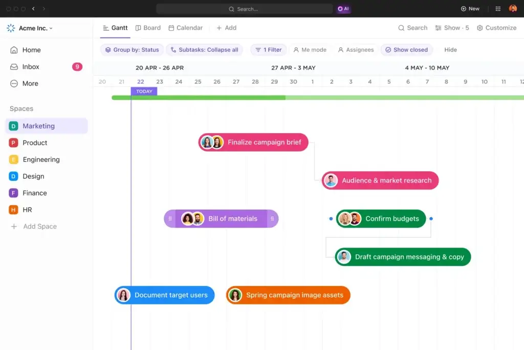ClickUp Gantt chart showing campaign tasks, dependencies, and project timelines